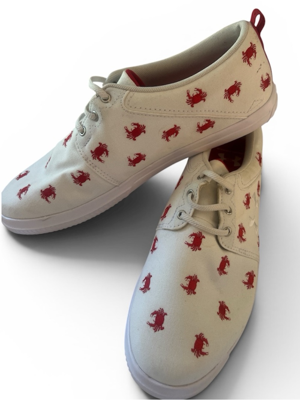 Under Armour White Canvas Sneakers with Red Crab Print men’s”Critter Encounter”